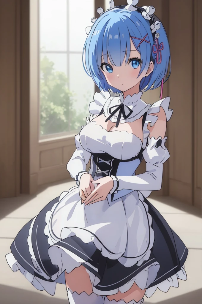 (masterpiece:1.3), (best quality:1.2), (8k, ultra detailed, ultra high res:1.1), ((anime style)), perfect 5 fingers, perfect anatomy, 
1girl,
short hair, 
blue hair, 
blue eyes,  
maid headdress, ribbon, x hair ornament, 
large breasts, 
maid uniform, black unuform, detached sleeves, white tights, 
looking at viewer, 
cowboy shot, 