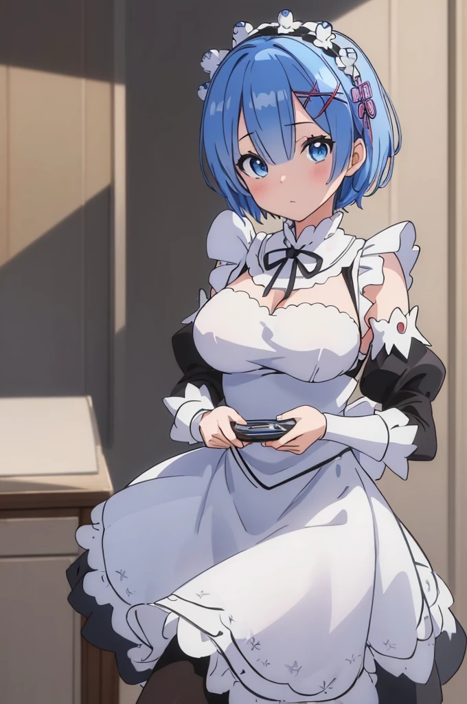 (masterpiece:1.3), (best quality:1.2), (8k, ultra detailed, ultra high res:1.1), ((anime style)), perfect 5 fingers, perfect anatomy, 
1girl,
short hair, 
blue hair, 
blue eyes,  
maid headdress, ribbon, x hair ornament, 
large breasts, 
maid uniform, black unuform, detached sleeves, white tights, 
looking at viewer, 
cowboy shot, 