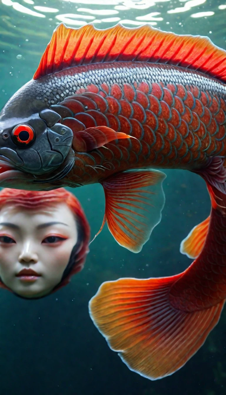 Panorama,河里有一种Mysterious Creatures:Red fish body,Fish head looks like a human face,Mysterious Creatures, shrike, (best quality,4K,8K,High level,masterpiece:1.2),Ultra Detailed,(lifelike,Photo real,Photo real:1.37),Highly detailed animals,Complex patterns,Realistic lighting,Fantasy Creatures
