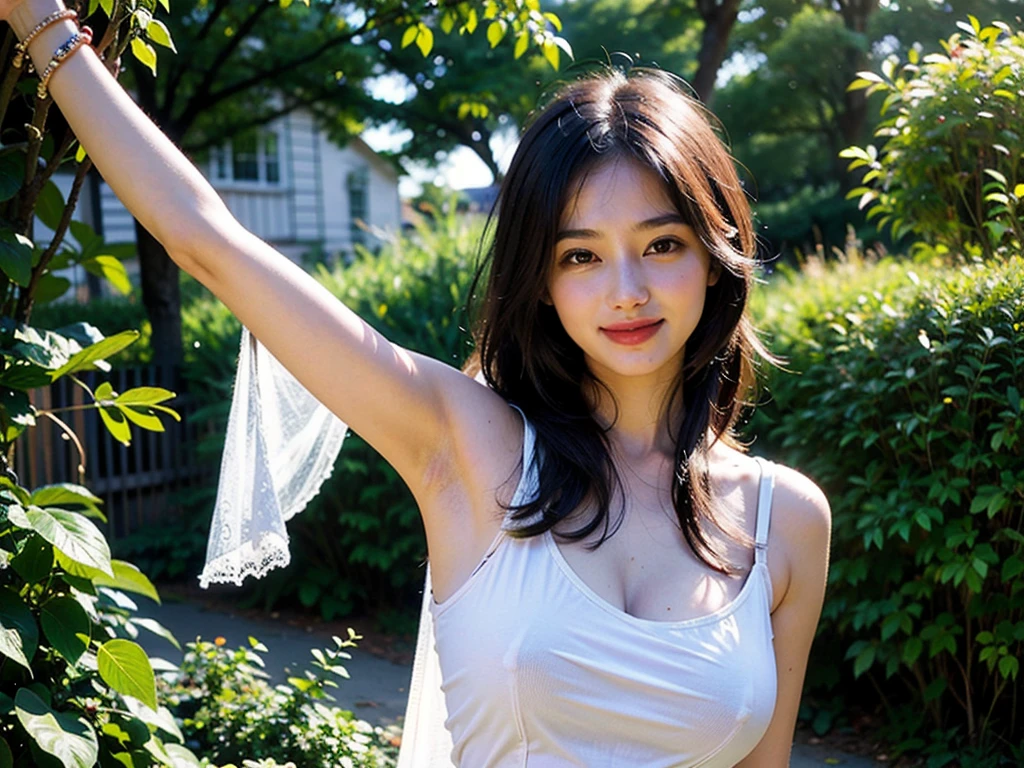 Put your hands on your head、Please show me your armpits、lingerie、Big Breasts、Big Ass、 (Highest quality, masterpiece: 1.2), 18 year old girl in the garden, (((Realistic lighting, Highest quality, 8K, masterpiece: 1.3)), fine grain, Highest quality, masterpiece, Ultra-high resolution, RAW Photos, 1 Girl, smile, Deep Shadow, White see-through clothing,