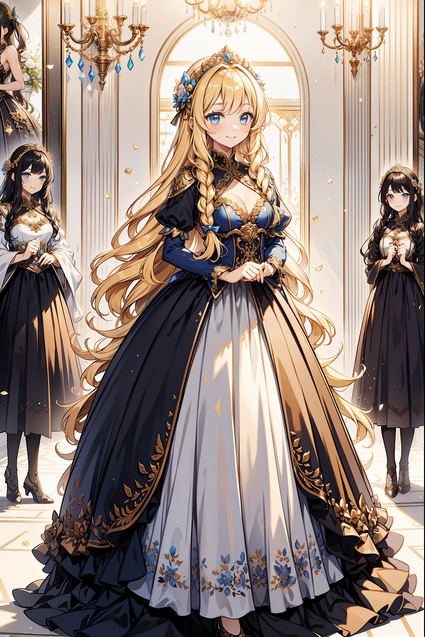 s girl,divino,Enchanted,having fun,Being in love,blond hairbl,Dark color dress,transparent costume,intricate detailed clothes,Pattern,Princess headband,A small amount of lace,swim wears,dining room,solo person,the night,
