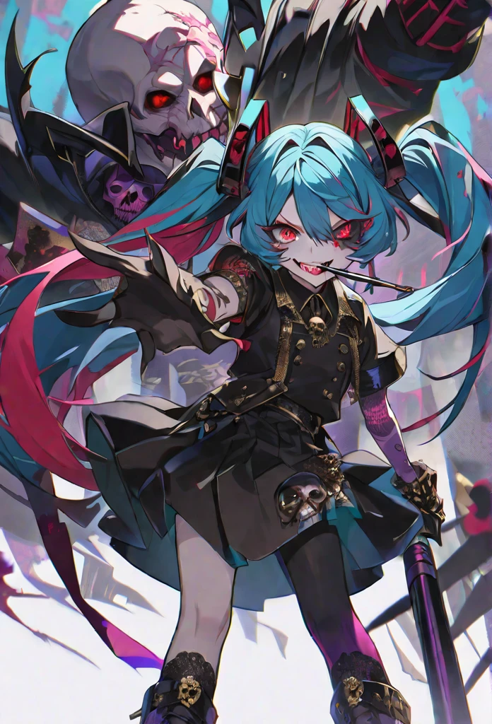 hatsune Miku villain, dark blue eyes, detailed eyes, threatening eyes, eyes with red details, piercing eyes, marked eyes, black clothes, black tie with red parts, skull in the hair,blue hair, hair with red parts, brush in the mouth, gold ring, purple earring, black skull necklace, black gloves, gold details on the sleeve, black sleeve with blue details, black skirt with details dark blue, patches on the left leg, patches on the right arm, black high-heeled boots with skull details, black tights, purple lipstick, pink paint around the eyes, village smile, scary, imposing, bad, evil smile, golden details all over clothes,