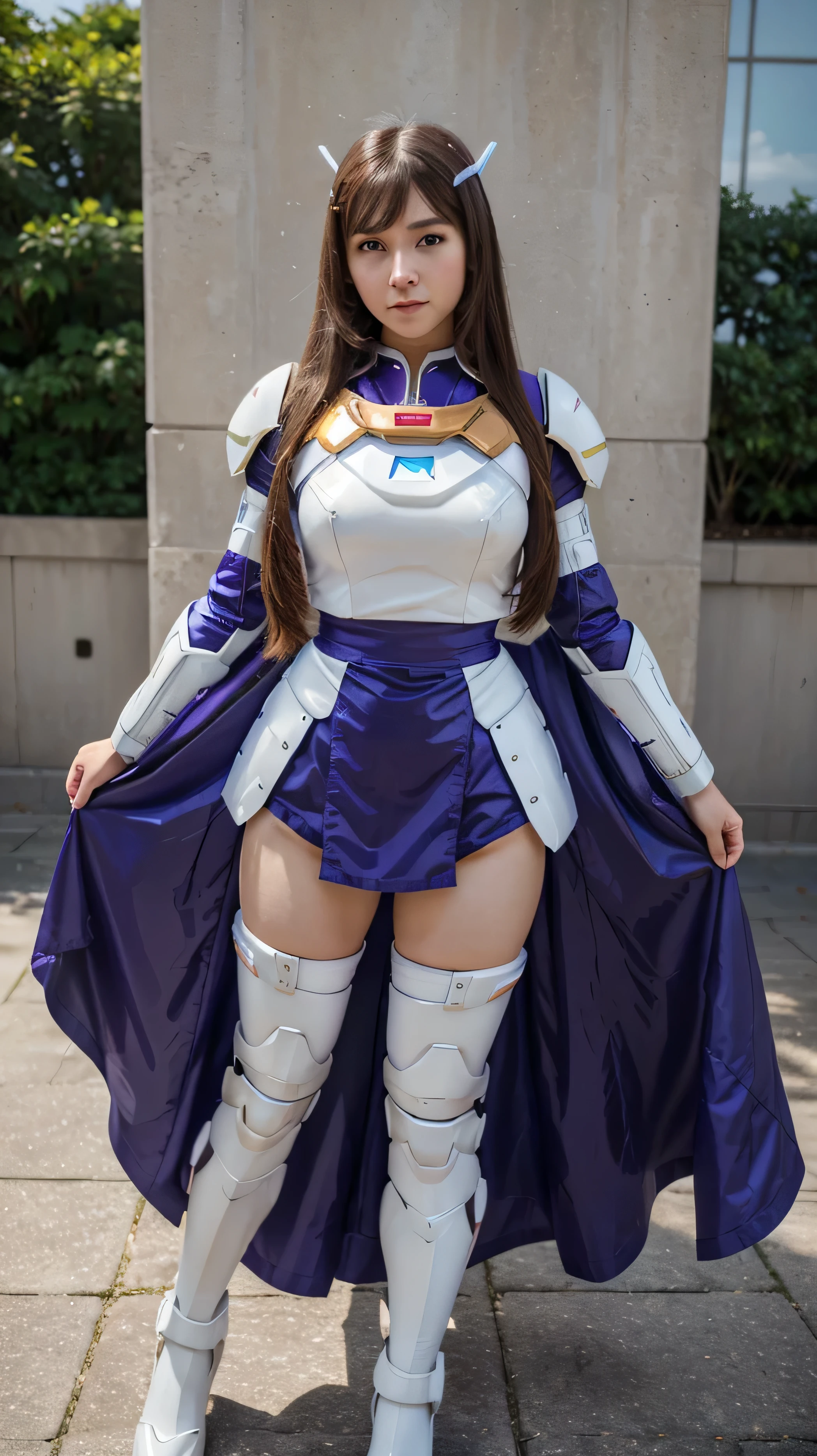 RAW, Masterpiece, Ultra Fine Photo,, Best Quality, Ultra High Resolution, Photorealistic, Sunlight, Full Body Portrait, Stunningly Beautiful,, Dynamic Poses, Delicate Face, Vibrant Eyes, a full body of a woman in a purple and white gundam custume, dybamic pose, long brown very very long hair rapunzel, girl in mecha cyber armor, portrait armored astronaut girl, d. va from overwatch, female mecha, on a gundam, gundam head, chiho aoshima color scheme, mobile suit, streamlined purple armor, fully robotic!! girl, realistic cosplay, gundam armor , full body,, full body, fashion long skirt modern,,