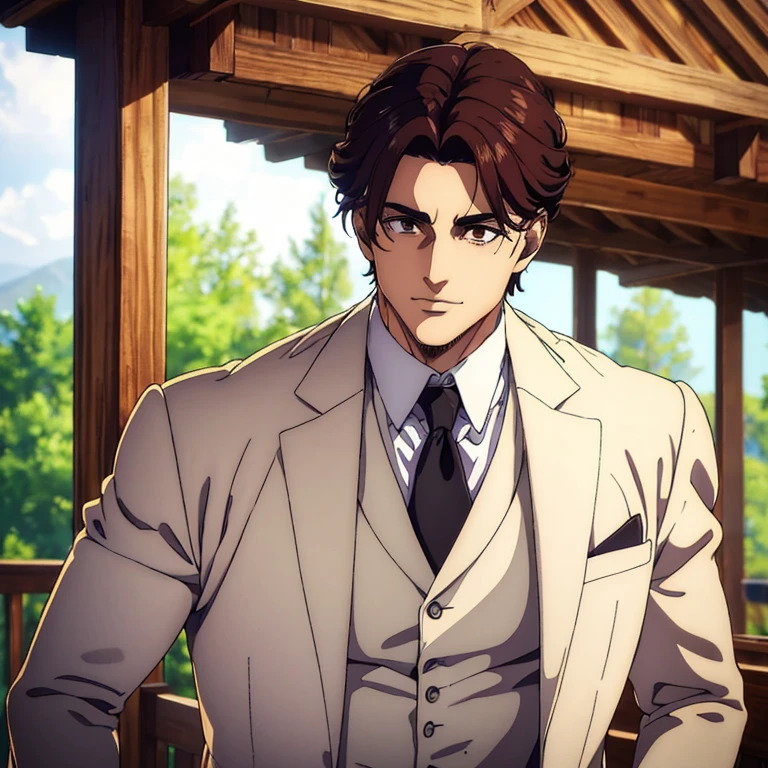 best quality,4k,8k,highres,masterpiece:1.2),ultra-detailed,(realistic,photorealistic,photo-realistic:1.37), a man with broad shoulders, mappa art style, heart-shaped face with sharp jawline, brown almond-shaped eyes with positive canthal tilt , his hair are unique well styled, his hair color is dark brown, he looks handsome, he is fair, he has well built body, he is wearing white colour wedding three piece suit, he is slightly smiling, vibrant color, behind him a cabin