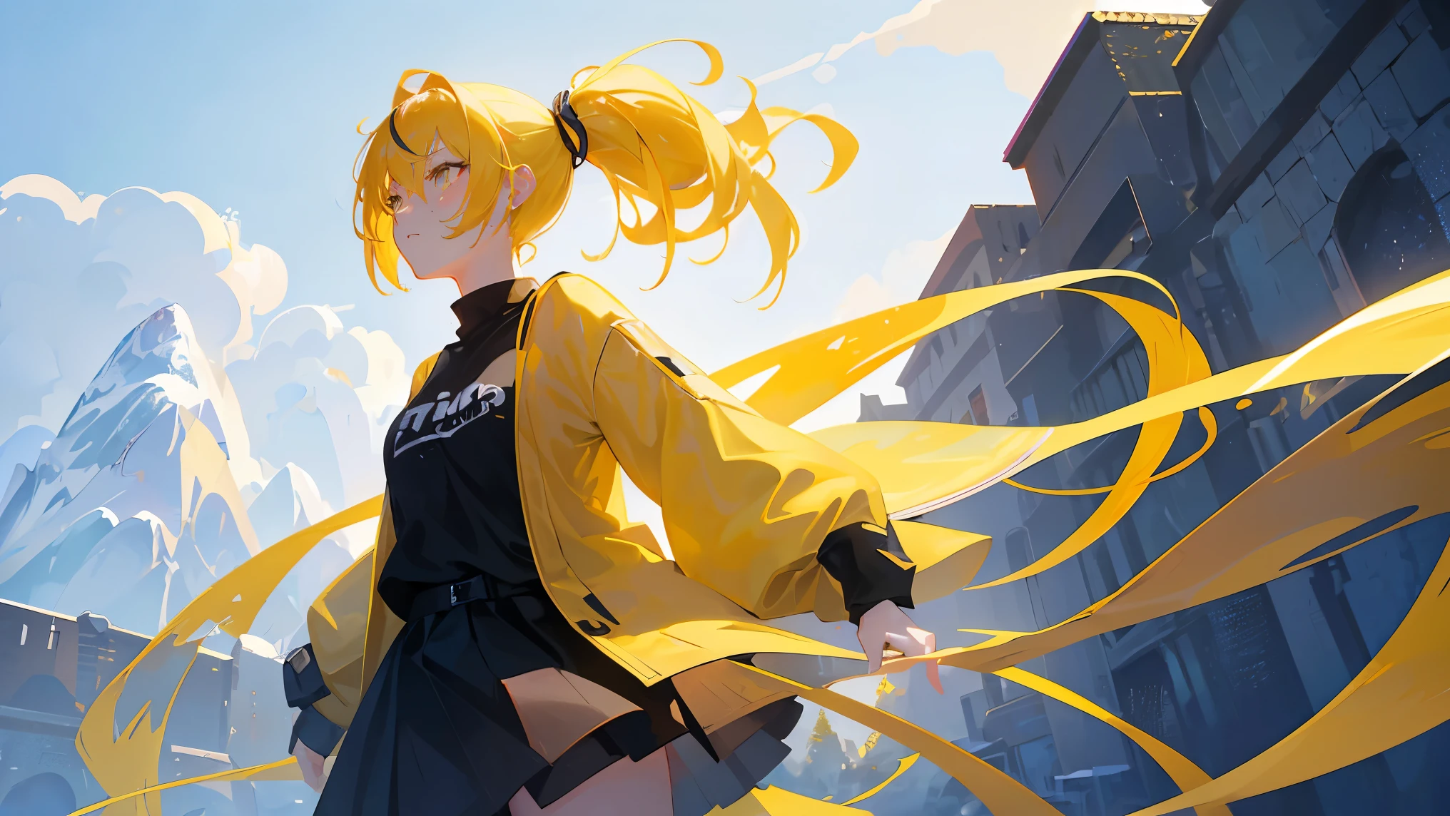 24 year old pretty girl, yellow hair, yellow eyes, >,all body, wear a shirt and a skirt, have deep shadow quality, 16k quality, no glitches on image, colorful art type, advanced quality for background and shadows quality and details, no override, have ponytail hairstyle on her hair,