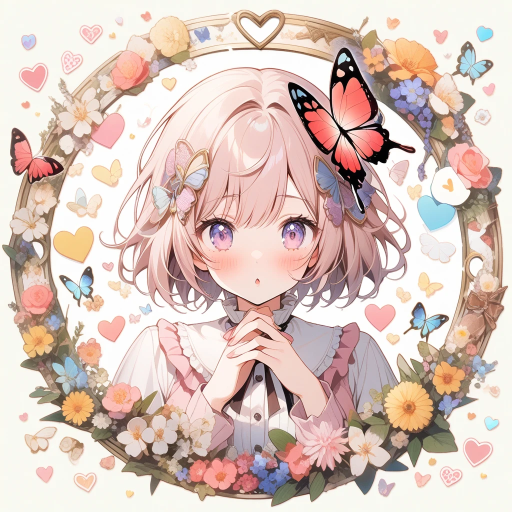 (circle frame1.7),1 woman, butterfly,love hearts,icon, circle frame,