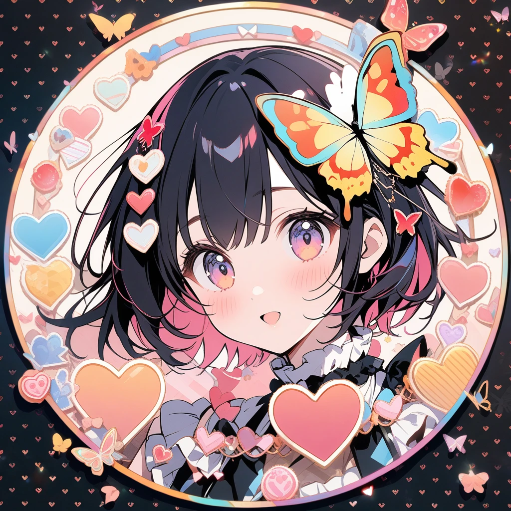 (circle frame1.7),1 woman, butterfly,love hearts,icon, circle frame,