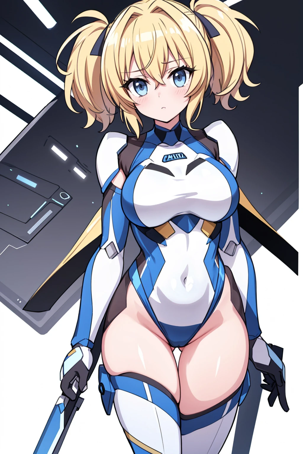 whole body,Standing posture, (Blonde,short hair,Twin tails,) (Super big breasts,,), (beautifully drawn face:1.2) (High leg leotard,Symphogear Suit,Sci-Fi Suit) Expressionless,(White background)
