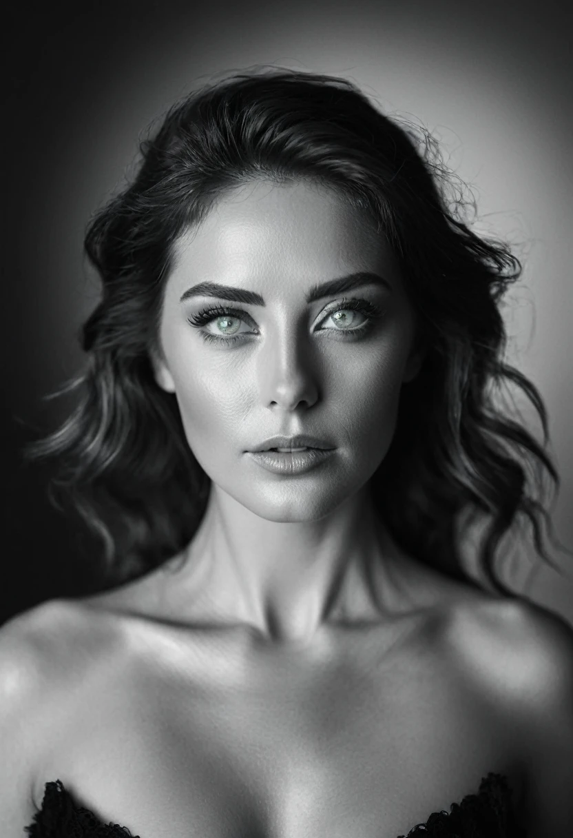 black and white, a woman with green eyes, flawless skin, half body shot, whimsical photography style, captured with an Arriflex 35BL camera using Canon K25 prime lenses, cinematic, dramatic lighting, ultra clear, breathtaking surreal masterpiece.