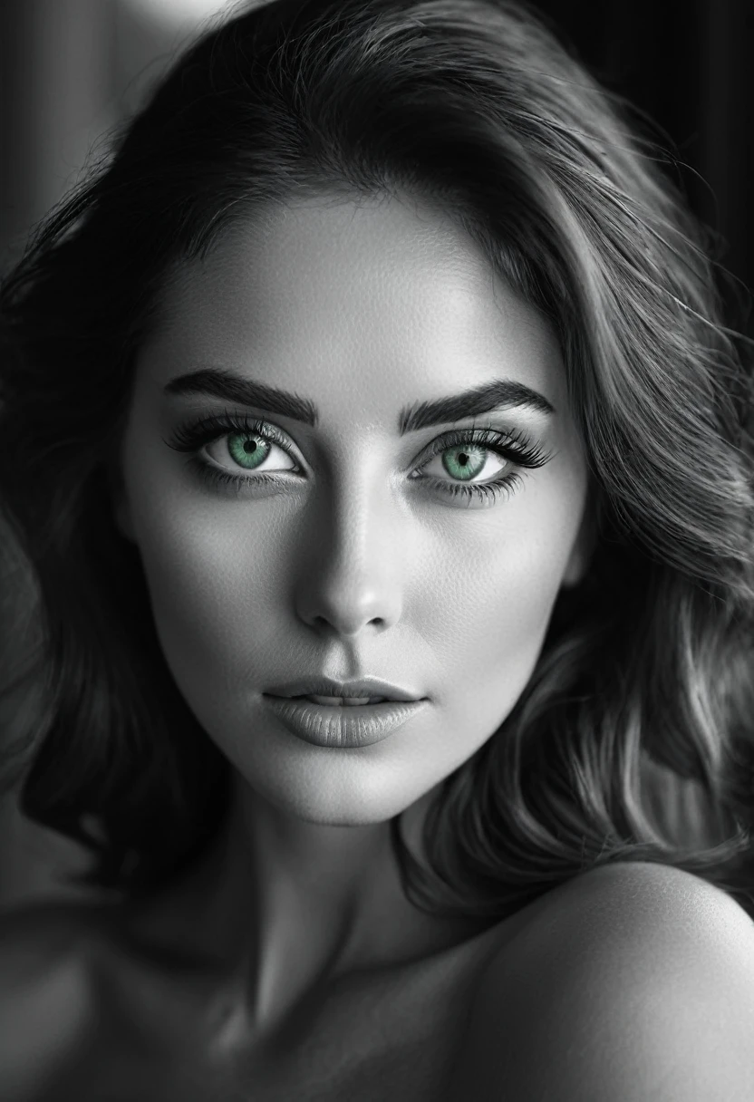 black and white, a woman with green eyes, flawless skin, half body shot, whimsical photography style, captured with an Arriflex 35BL camera using Canon K25 prime lenses, cinematic, dramatic lighting, ultra clear, breathtaking surreal masterpiece.