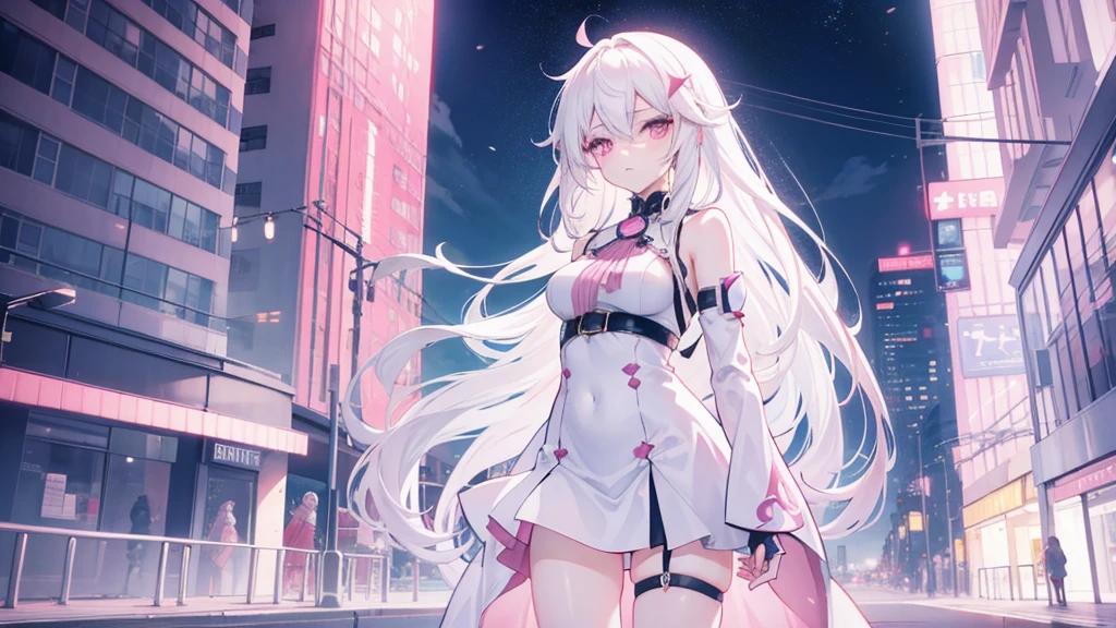 Anime Girls, Long white hair, Pastel pink eyes, With a beautiful city backdrop, Excellent anatomy, 8K, High resolution