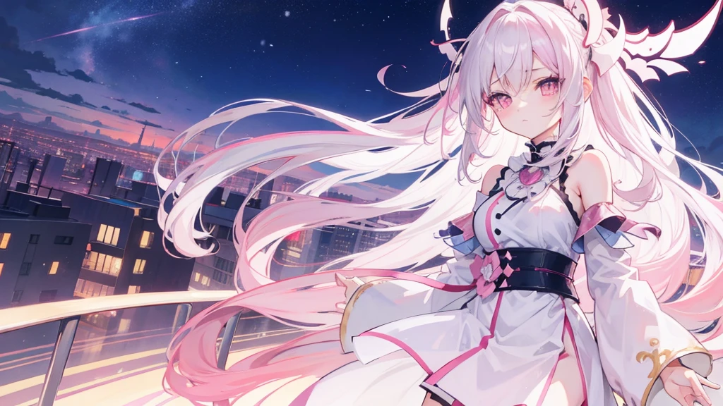 Anime Girls, Long white hair, Pastel pink eyes, With a beautiful city backdrop, Excellent anatomy, 8K, High resolution