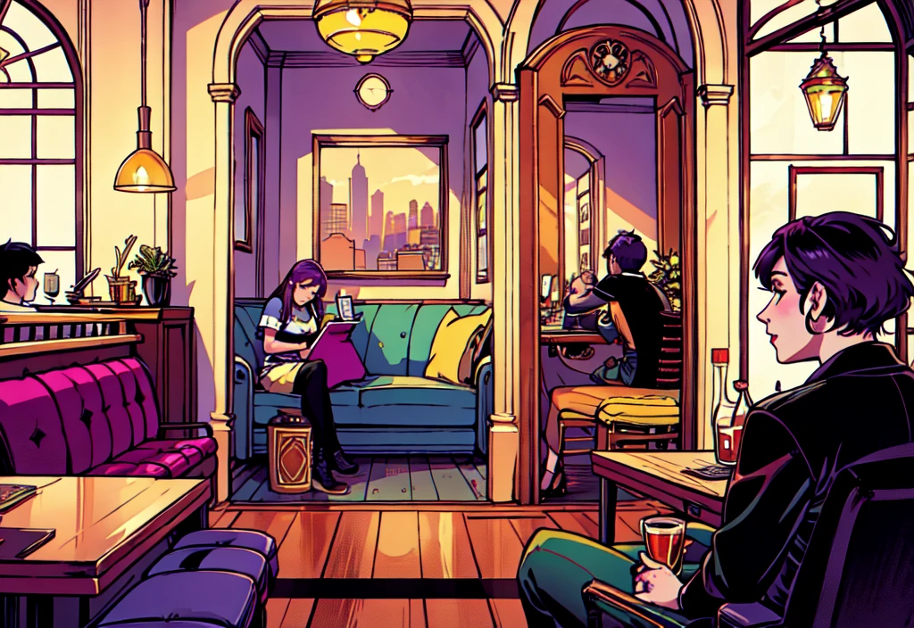 Aesthetic illustration of a coffeeshop interior from the point of view of a cashier behind a mini bar. The scene includes several sofas and chairs facing a large mirror reflecting a bustling cityscape. The coffeeshop is lively with people engaged in various activities, dominated by shades of purple and green.