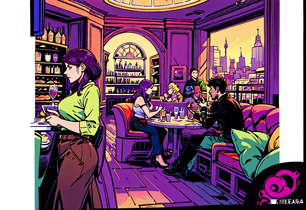 Aesthetic illustration of a coffeeshop interior from the point of view of a cashier behind a mini bar. The scene includes several sofas and chairs facing a large mirror reflecting a bustling cityscape. The coffeeshop is lively with people engaged in various activities, dominated by shades of purple and green.