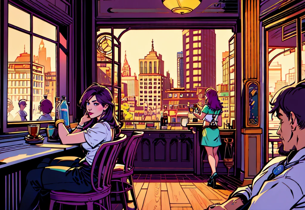 Aesthetic illustration of a coffeeshop interior from the point of view of a cashier behind a mini bar. The scene includes several sofas and chairs facing a large mirror reflecting a bustling cityscape. The coffeeshop is lively with people engaged in various activities, dominated by shades of purple and green.