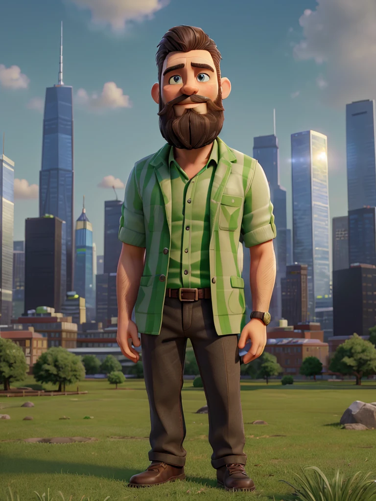 1 middle height man with short beard, cute, city landscape, evening, green grass, wet, skyscrapers on a background, professional lighting, photon mapping, radiation, physically-based rendering, (8K, raw photo, best quality, masterpiece:1.2), (realistic, photo-realistic:1.37)