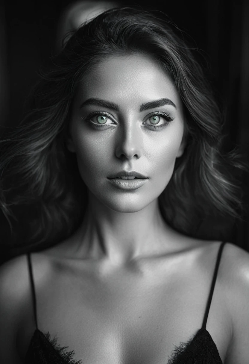black and white, a woman with  green eyes, flawless skin, half body shot, whimsical photography style, captured with an Arriflex 35BL camera using Canon K25 prime lenses, cinematic, dramatic lighting, ultra clear, breathtaking surreal masterpiece.