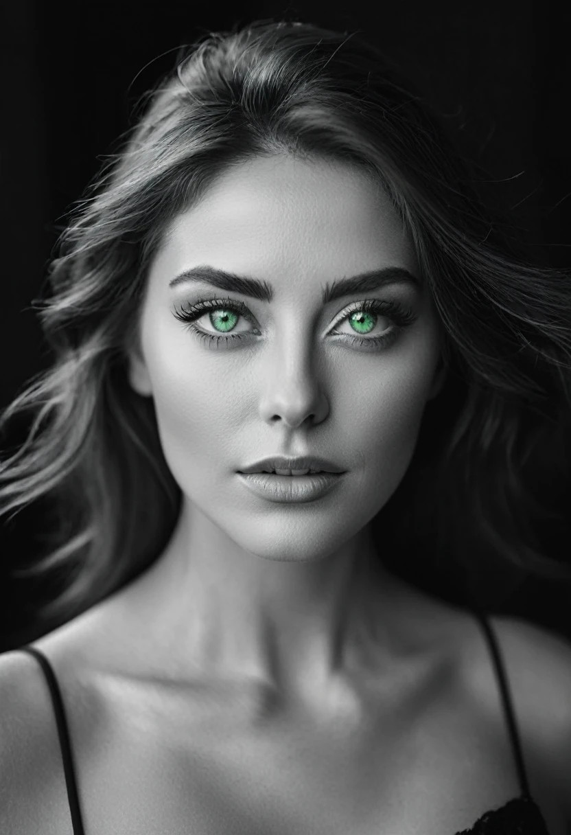 black and white, a woman with green eyes, flawless skin, half body shot, whimsical photography style, captured with an Arriflex 35BL camera using Canon K25 prime lenses, cinematic, dramatic lighting, ultra clear, breathtaking surreal masterpiece.