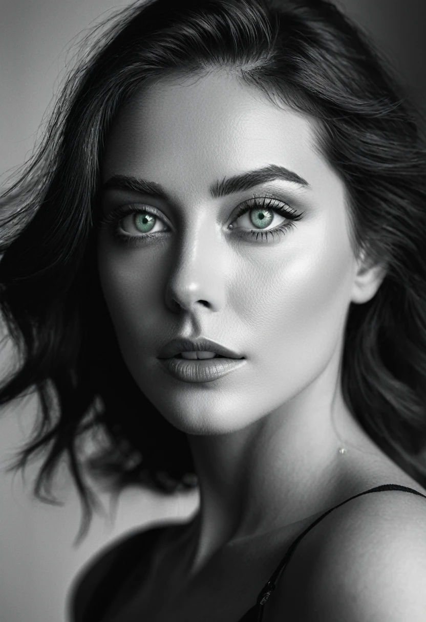 black and white, a woman with green eyes, flawless skin, half body shot, whimsical photography style, captured with an Arriflex 35BL camera using Canon K25 prime lenses, cinematic, dramatic lighting, ultra clear, breathtaking surreal masterpiece.