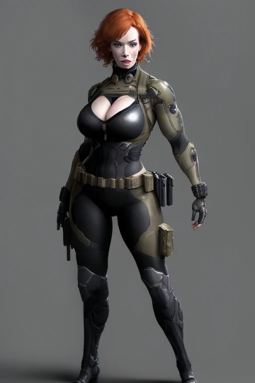 Christina Hendricks as an Metal Gear Solid Character, alluring 48 year old woman, High-quality facial research of Christina Hendricks, (Christina's sculpted cheekbones and slight wrinkles around the face), High-quality detailed research of Christina Hendricks voluptuous figure, large breasts, buxom chested. Fingerless Gloves, skin-tight black leather suit, high-tech goggles, metal armlets, utility belt, gun holsters, boots. Whole body, Casual pose, Beautiful pose, (Extremely detailed CG 8k wallpaper), (Extremely delicate and beautiful), (Masterpiece), (Best quality: 1.0), (Ultra-high resolution: 1.0), Beautiful lighting, Perfect lighting, Realistic shadows, [high resolution], Detailed skin, Super detailed (((Colorful))), Digital art, metal gear solid concept art, full body concept art, Expert concept art with high detail, concept-art, stealth game concept art, concept-art, Yoji Shinkawa style, Video game concept art, 4K, full body portrait
