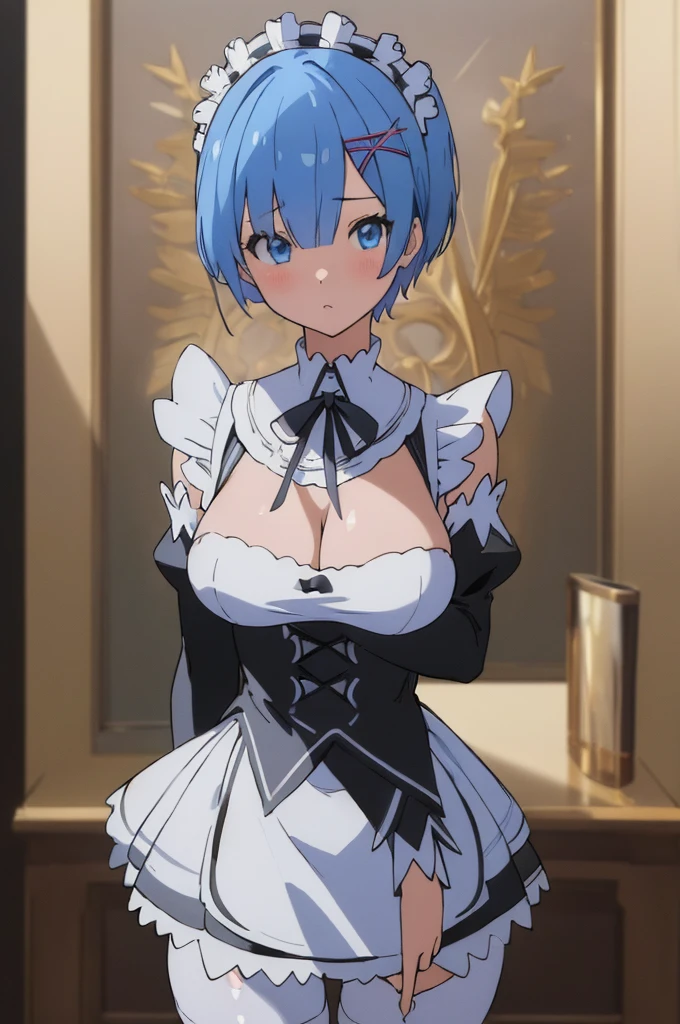 (masterpiece:1.3), (best quality:1.2), (8k, ultra detailed, ultra high res:1.1), ((anime style)), perfect 5 fingers, perfect anatomy, 
1girl,
short hair, 
blue hair, 
blue eyes,  
maid headdress, ribbon, x hair ornament, 
large breasts, 
maid uniform, black unuform, detached sleeves, white tights, 
looking at viewer, 
cowboy shot, 