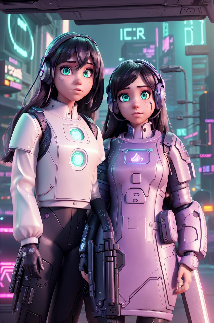 2 girls in a futuristic cyberpunk city, neon lights, detailed facial features, intricate android bodies, highly detailed, 8k, photorealistic, cinematic lighting, dramatic colors, dark moody atmosphere, concept art style