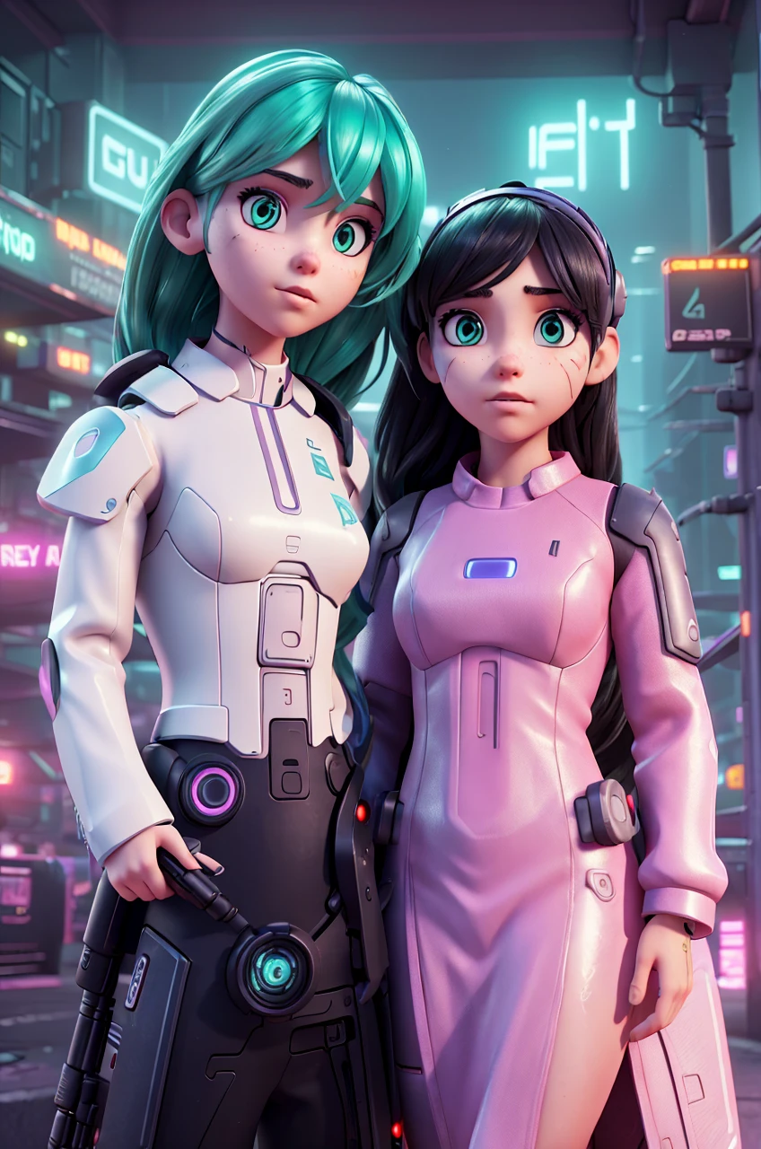 2 girls in a futuristic cyberpunk city, neon lights, detailed facial features, intricate android bodies, highly detailed, 8k, photorealistic, cinematic lighting, dramatic colors, dark moody atmosphere, concept art style