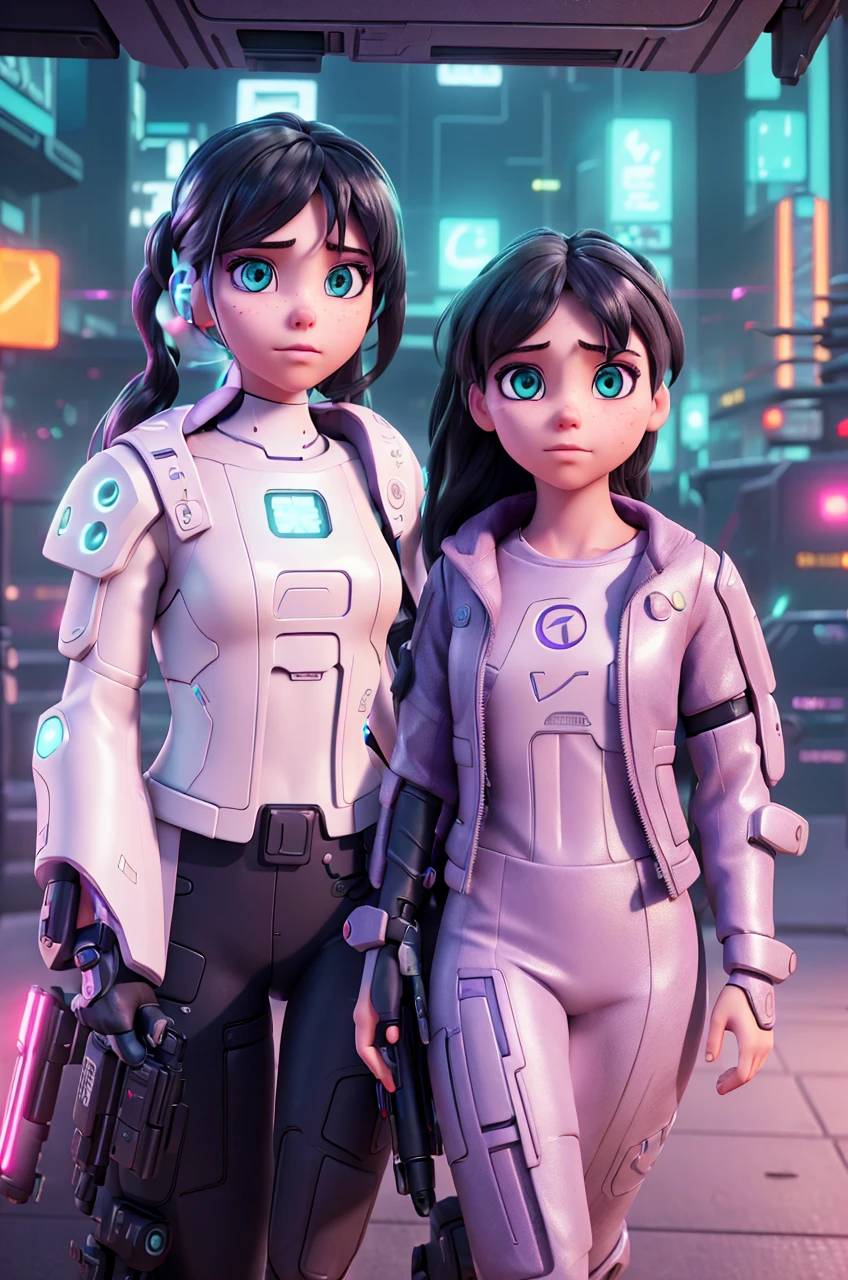 2 girls in a futuristic cyberpunk city, neon lights, detailed facial features, intricate android bodies, highly detailed, 8k, photorealistic, cinematic lighting, dramatic colors, dark moody atmosphere, concept art style