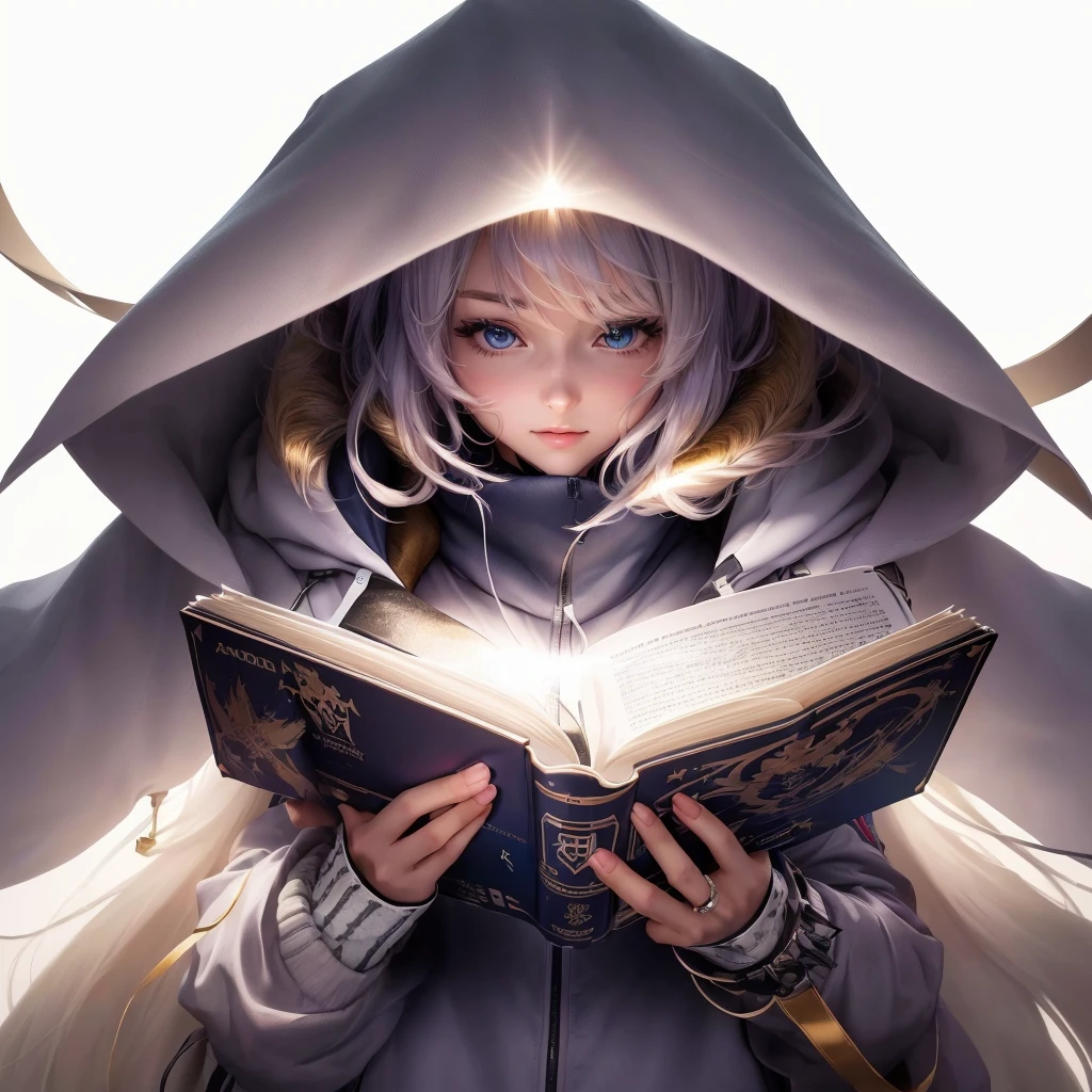 a woman in a hoodedie reading a book with a light shining on her face, anime art wallpaper 4k, anime art wallpaper 4 k, anime art wallpaper 8 k, beautiful fantasy anime, from arknights, anime wallpaper 4 k, anime wallpaper 4k, light novel cover art, artbook artwork, 4k anime wallpaper, anime fantasy artwork