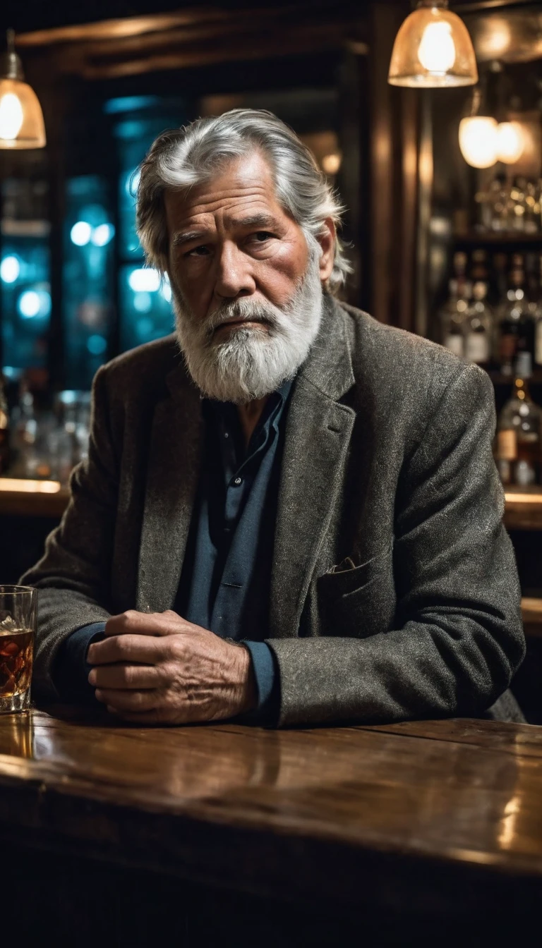 A 75-year-old man, obese and with a long beard, sits alone in a rustic bar, enveloped in the soft, intimate lighting that mirrors his isolation. His short, graying hair contrasts with his lengthy beard, adding to his distinctive appearance. Dressed in simple, neat clothing, he is engrossed in his solitude. A strong drink, possibly whiskey or brandy, sits before him, while a lit cigarette between his fingers releases tendrils of smoke into the air. The man's face, lit by the bar's low light, is marked by a profound sadness and reflection, suggesting he is immersed in deep thoughts or distant memories. The environment around him blurs, emphasizing his detachment from the subtle activity within the bar. This scene captures a poignant moment of introspection, hinting at a deeper, untold narrative behind the man's pensive demeanor., focus in faces, uhd, 4k, masterpierce, high resolution