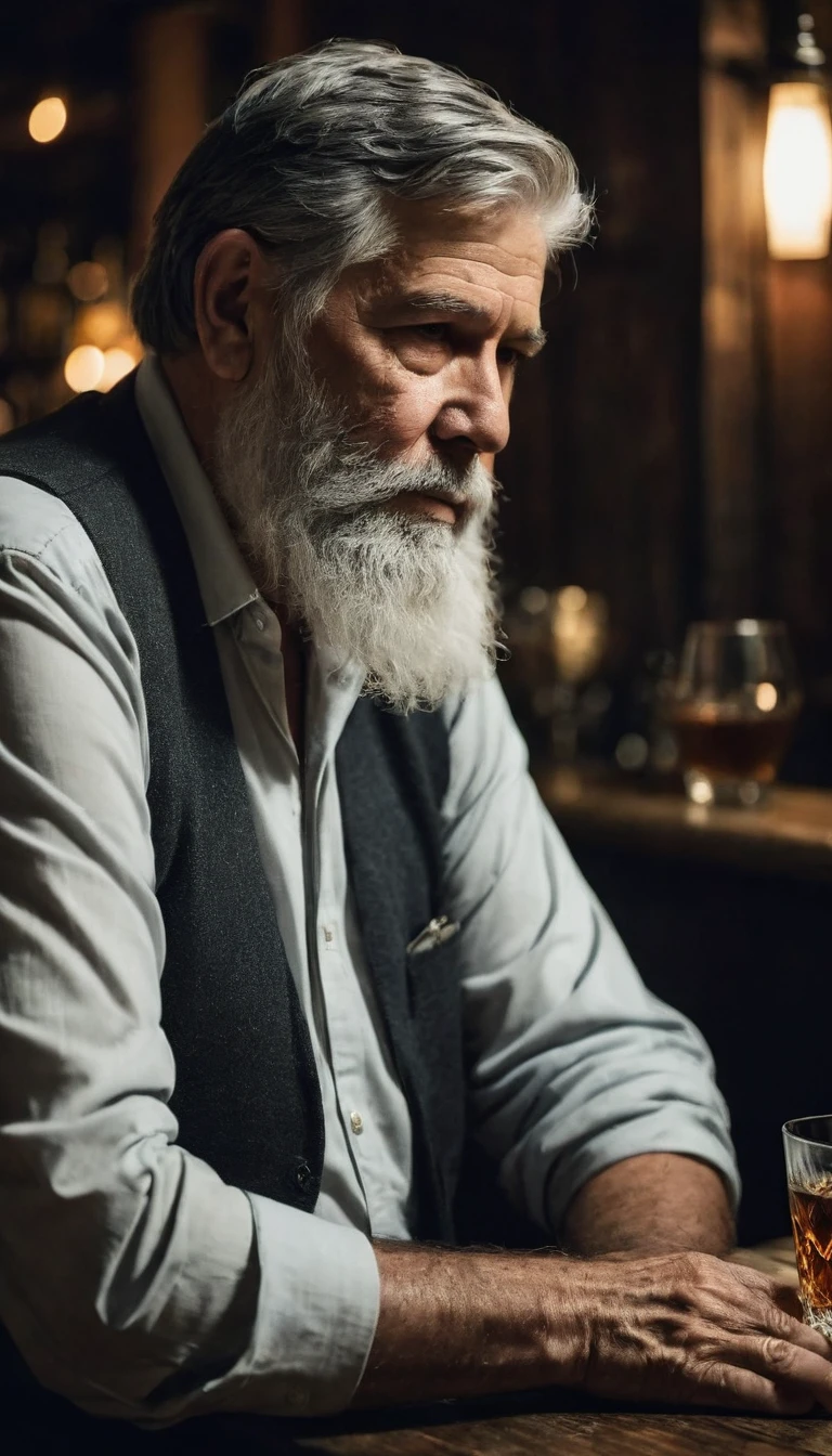 A 75-year-old man, obese and with a long beard, sits alone in a rustic bar, enveloped in the soft, intimate lighting that mirrors his isolation. His short, graying hair contrasts with his lengthy beard, adding to his distinctive appearance. Dressed in simple, neat clothing, he is engrossed in his solitude. A strong drink, possibly whiskey or brandy, sits before him, while a lit cigarette between his fingers releases tendrils of smoke into the air. The man's face, lit by the bar's low light, is marked by a profound sadness and reflection, suggesting he is immersed in deep thoughts or distant memories. The environment around him blurs, emphasizing his detachment from the subtle activity within the bar. This scene captures a poignant moment of introspection, hinting at a deeper, untold narrative behind the man's pensive demeanor., focus in faces, uhd, 4k, masterpierce, high resolution