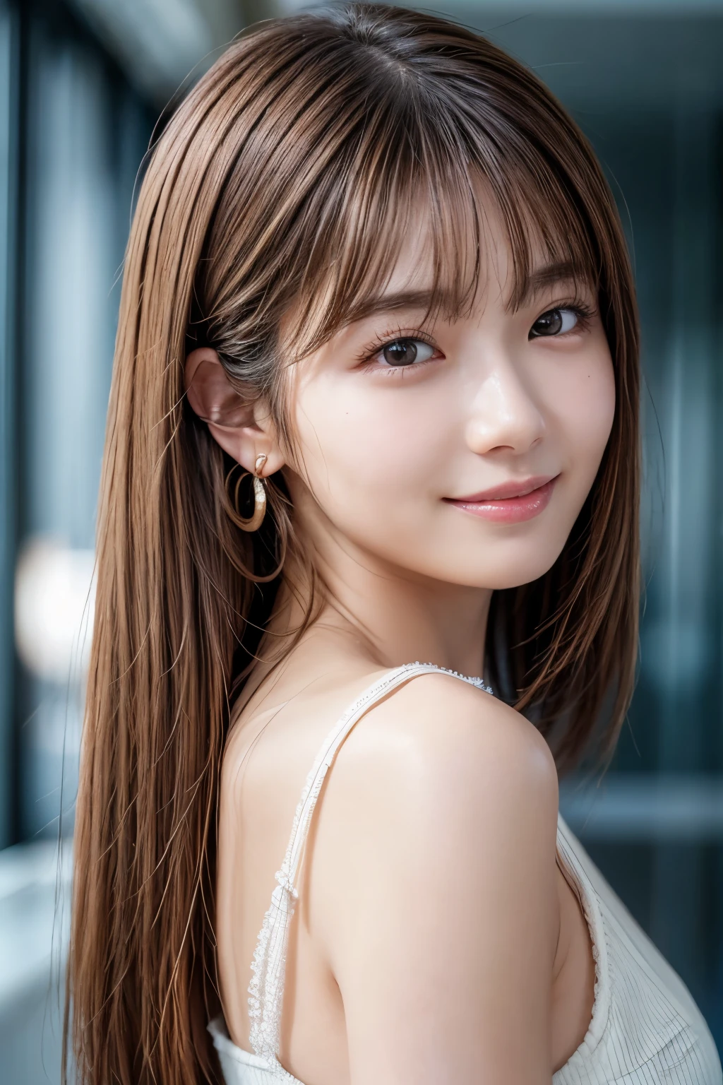 Upper Body、Beauty、Well-formed face、20-year-old、Uniform eyes、Small face、, light brown hair, hair over shoulder, parted bangs, straight hair, expressive hair, shiny hair, earrings, seductive smile, Surrealism, cinematic lighting, first-person view, pov, f/1.2, Nikon, UHD, textured skin, best quality, highres, 8k