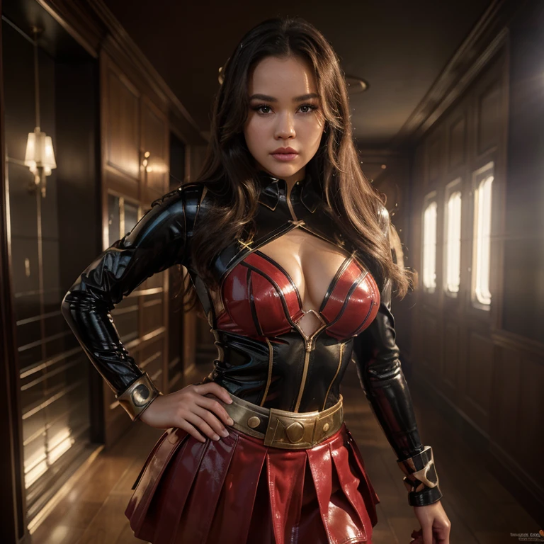Kelli Berglund,Paris Berelc,2 girls,adult-sized latex superhero outfit,skirt,joy,beautiful detailed eyes,beautiful detailed lips,extremely detailed eyes and face,long eyelashes,dynamic poses,cinematic lighting,vibrant colors,epic fantasy,photorealistic,8k,best quality,masterpiece