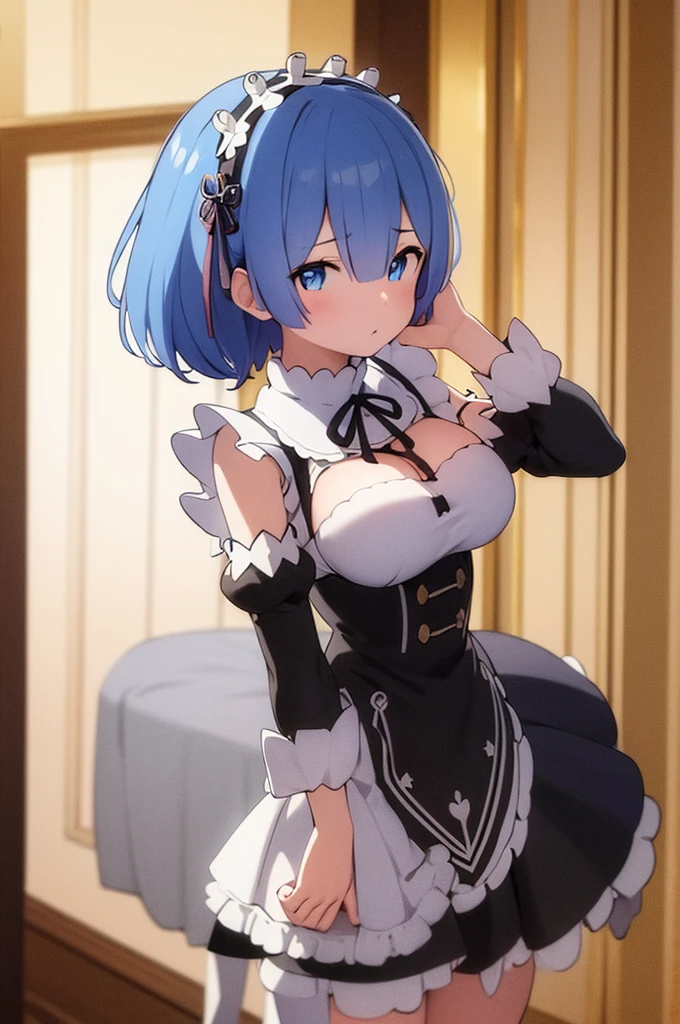 (masterpiece:1.3), (best quality:1.2), (8k, ultra detailed, ultra high res:1.1), ((anime style)), perfect 5 fingers, perfect anatomy, 
1girl,
short hair, 
blue hair, 
blue eyes,  
maid headdress, ribbon, x hair ornament, 
large breasts, 
maid uniform, black unuform, detached sleeves, white tights, 
looking at viewer, 
cowboy shot, 