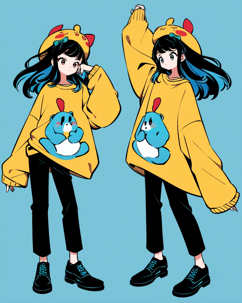 Create an illustration of a character standing in a relaxed pose against a solid blue background. The character should wear oversized clothes: a yellow sweater paired with black pants. They should have black shoes, and their expression should convey a sense of calm or contentment. The style should be anime-inspired, with attention to vibrant colors and unique character design."