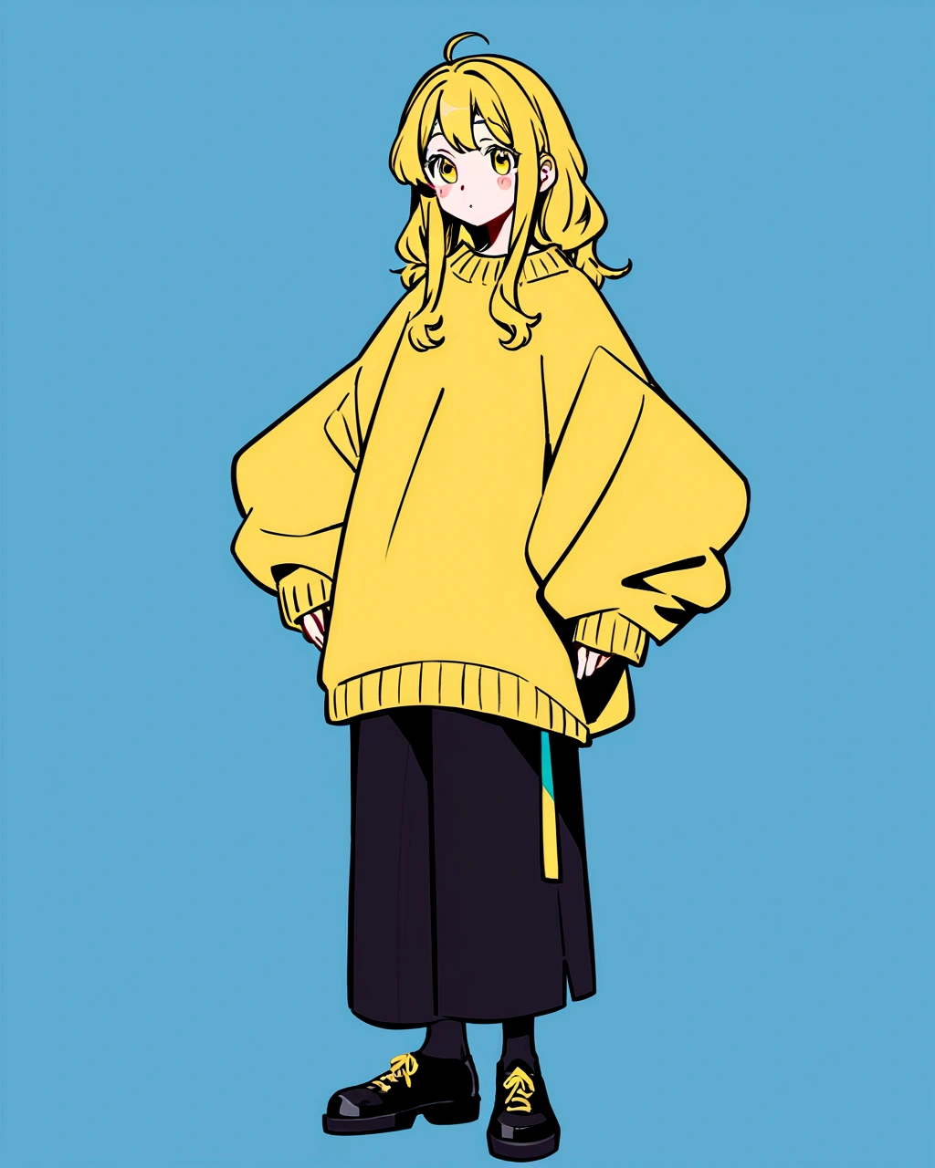 Create an illustration of a character standing in a relaxed pose against a solid blue background. The character should wear oversized clothes: a yellow sweater paired with black pants. They should have black shoes, and their expression should convey a sense of calm or contentment. The style should be anime-inspired, with attention to vibrant colors and unique character design."