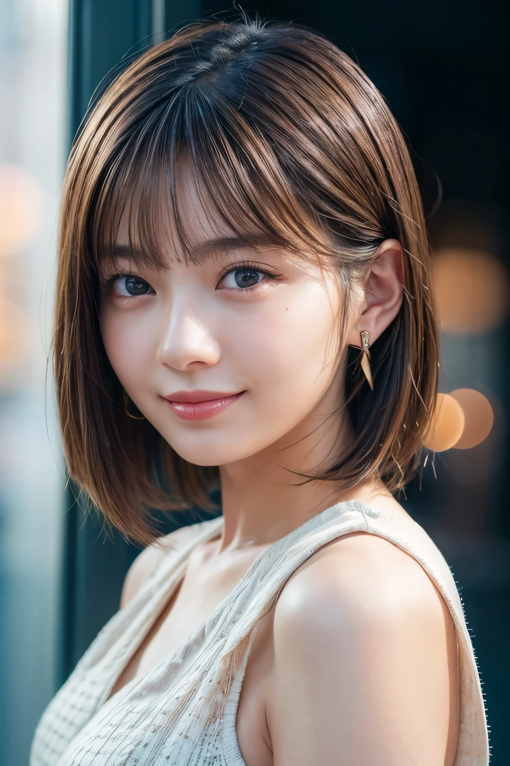 Upper Body、Beauty、Well-formed face、20-year-old、Uniform eyes、Small face、, light brown hair, hair over shoulder, parted bangs, straight hair, expressive hair, shiny hair, earrings, seductive smile, Surrealism, cinematic lighting, first-person view, pov, f/1.2, Nikon, UHD, textured skin, best quality, highres, 8k