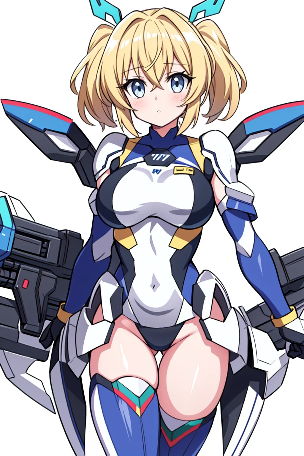 whole body,Standing posture, (Blonde,short hair,Twin tails,) (Super big breasts,,), (beautifully drawn face:1.2) (High leg leotard,Symphogear Suit,Sci-Fi Suit) Expressionless,(White background)