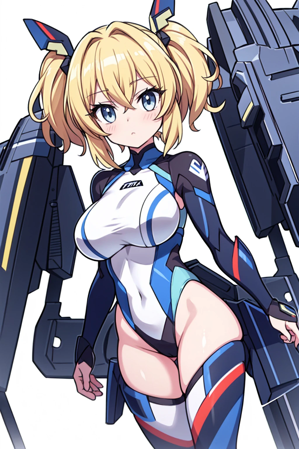 whole body,Standing posture, (Blonde,short hair,Twin tails,) (Super big breasts,,), (beautifully drawn face:1.2) (High leg leotard,Symphogear Suit,Sci-Fi Suit) Expressionless,(White background) 