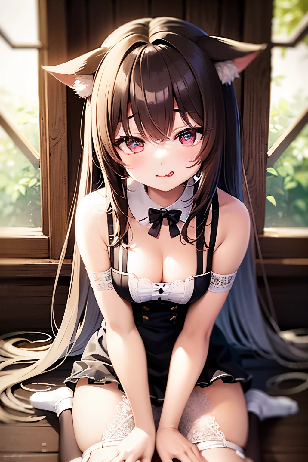 A cat girl sitting cross-legged on the ground,And open your legs in white lace suspenders,Love in the eyes ,Little tongue sticking out,White milk flowing from the mouth,Look at me with disgust and sickness