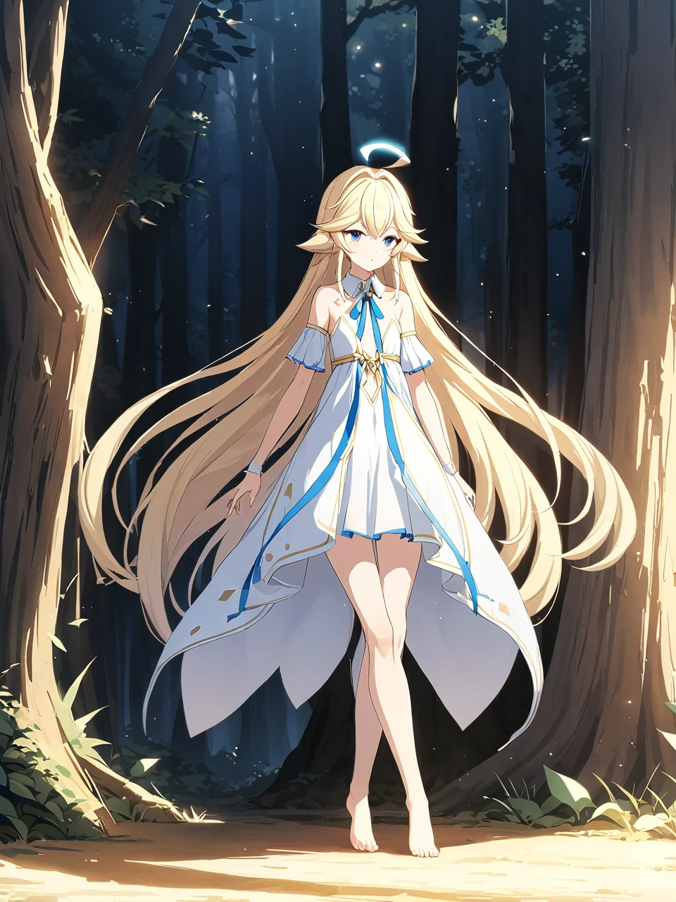 Zaora, blue eyes, (Variegated eyes:0.5), Blonde, Very long hair, Twin Blade, bangs, Ahoge, Hello, Angel, Flat Chest, White Dress, Belly button cutout, Detachable collar, Strapless, Neck ribbon, Bare shoulders, Angel wings, barefoot, One girl, Solo Break Space, forest, Depth of written boundary, Cinematic, masterpiece, Highest quality, Game CG