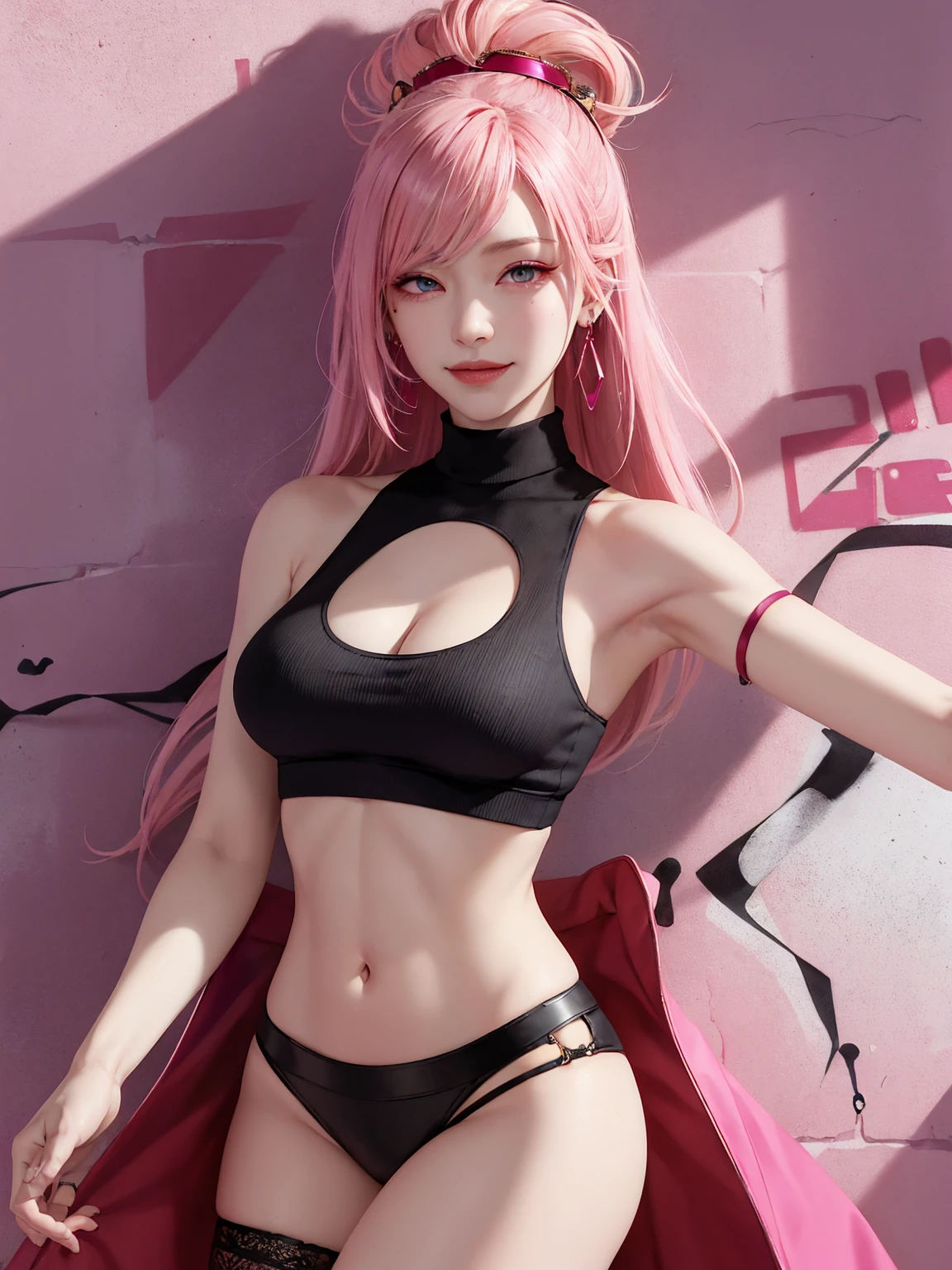 (Masterpiece, best quality, 1 girl, alone, complicated details, Chromatic aberration), realistic, ((Moderate breath)),long hair, pink hair, Red headpiece, Pink Highlights, hair on one eye,purple eyes, earring, sharp eyes, choker, Neon coat, She wears a collar, bangle, and kimono style garters., crop top, (symmetrical eyes),(Perfect symmetrical body),against the wall, Brick wall, (colorful graffiti words on the wall:1.2), The light is dim., alley ,Look at the viewer.、Dig the chest、smile、(sleeveless、Navel touch、Fitted turtleneck.)、street string hot pants、Thin bottom、Please build above the eaves..、Thin shoulders、in sportbar、