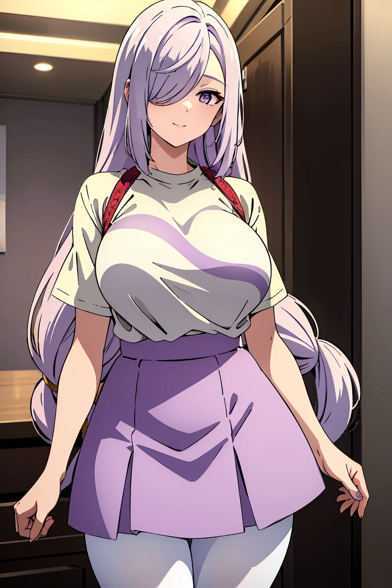 ((Best Quality)), ((Masterpiece)), (detailed), 1 girl, Pastel yellow hair, long hair, hair covers one eye, purple eyes, tight, big breasts, big thighs, expression smiling shy, white vote t-shirt, purple skirt, brown pantyhose