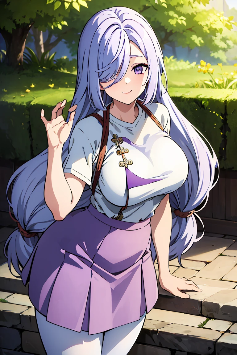 ((Best Quality)), ((Masterpiece)), (detailed), 1 girl, Pastel yellow hair, long hair, hair covers one eye, purple eyes, tight, big breasts, big thighs, expression smiling shy, white vote t-shirt, purple skirt, brown pantyhose