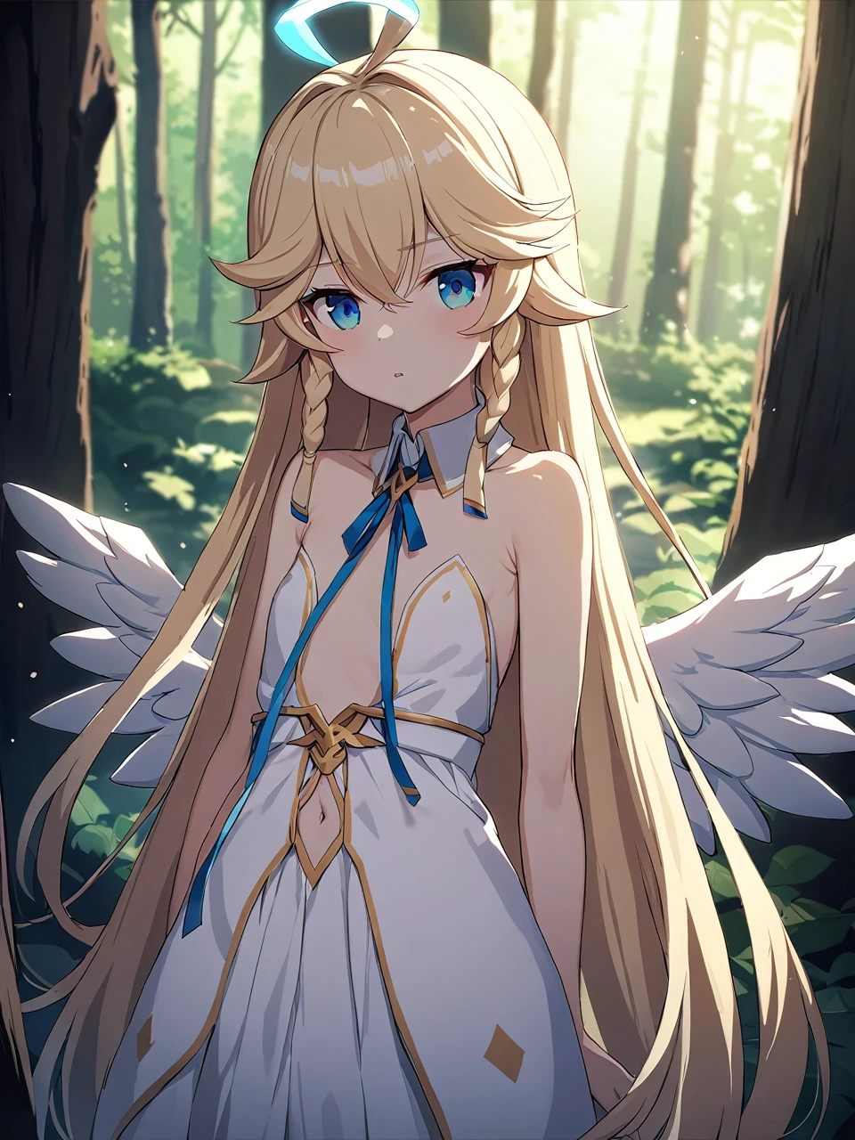 Zaora, blue eyes, (Variegated eyes:0.5), Blonde, Very long hair, Twin Blade, bangs, Ahoge, Hello, Angel, Flat Chest, White Dress, Belly button cutout, Detachable collar, Strapless, Neck ribbon, Bare shoulders, Angel wings, barefoot, One girl, Solo Break Space, forest, Depth of written boundary, Cinematic, masterpiece, Highest quality, Game CG