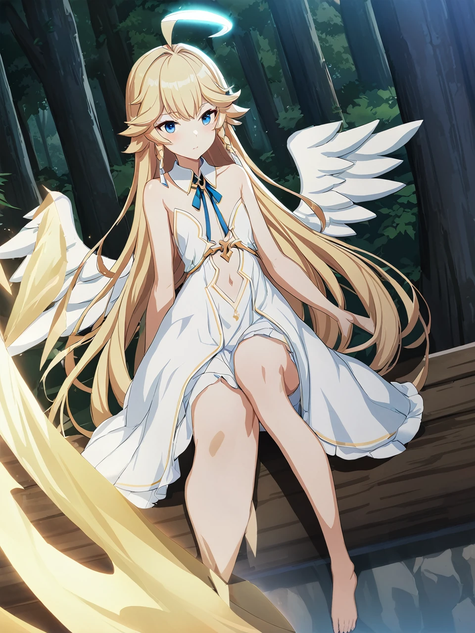 Zaora, blue eyes, (Variegated eyes:0.5), Blonde, Very long hair, Twin Blade, bangs, Ahoge, Hello, Angel, Flat Chest, White Dress, Belly button cutout, Detachable collar, Strapless, Neck ribbon, Bare shoulders, Angel wings, barefoot, One girl, Solo Break Space, forest, Depth of written boundary, Cinematic, masterpiece, Highest quality, Game CG