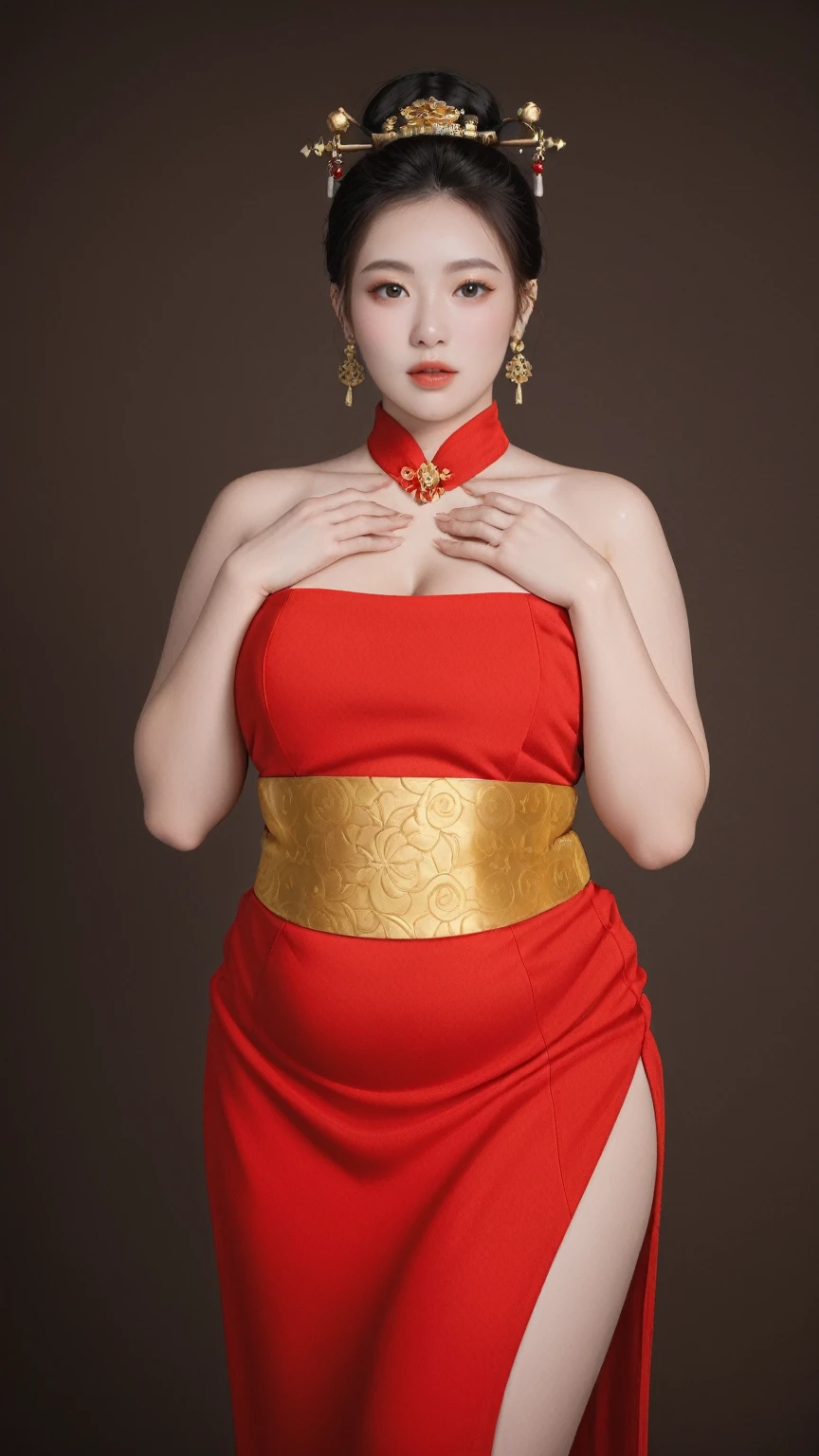realistic,score_9, score_8_up, score_7_up, BREAK,
The image now portrays a woman with a more chubby appearance, wearing traditional Chinese attire. Her hair is styled in a classic bun, adorned with golden hair accessories and earrings. She wears a red dress with golden patterns, complemented by a yellow belt around her waist. The lighting is dimmer, suggesting an indoor setting, which adds a mysterious and intimate atmosphere to the scene. Her eyes are fixed on the camera, and her hands are placed on her chest. The dim lighting accentuates her chubby features and the rich details of her traditional costume, creating a warm and inviting ambiance. The golden patterns on her dress could represent specific symbols or motifs related to her status or the event's theme. The yellow belt adds a touch of elegance and serves as a striking contrast to the red and gold. Her confident gaze towards the camera conveys a sense of pride and a message she wishes to convey. The brown background serves to highlight the woman's figure and the rich details of her traditional costume, adding depth and texture to the image.