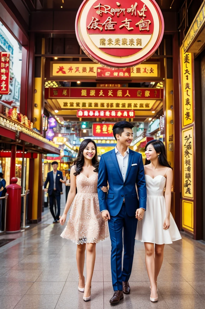 Create a realistic picture of a sweet couple in the entrance of Hongkong Disney land, happy photoshoot, the girl wearing sexy dress, the man wearing an elegant clothes.
