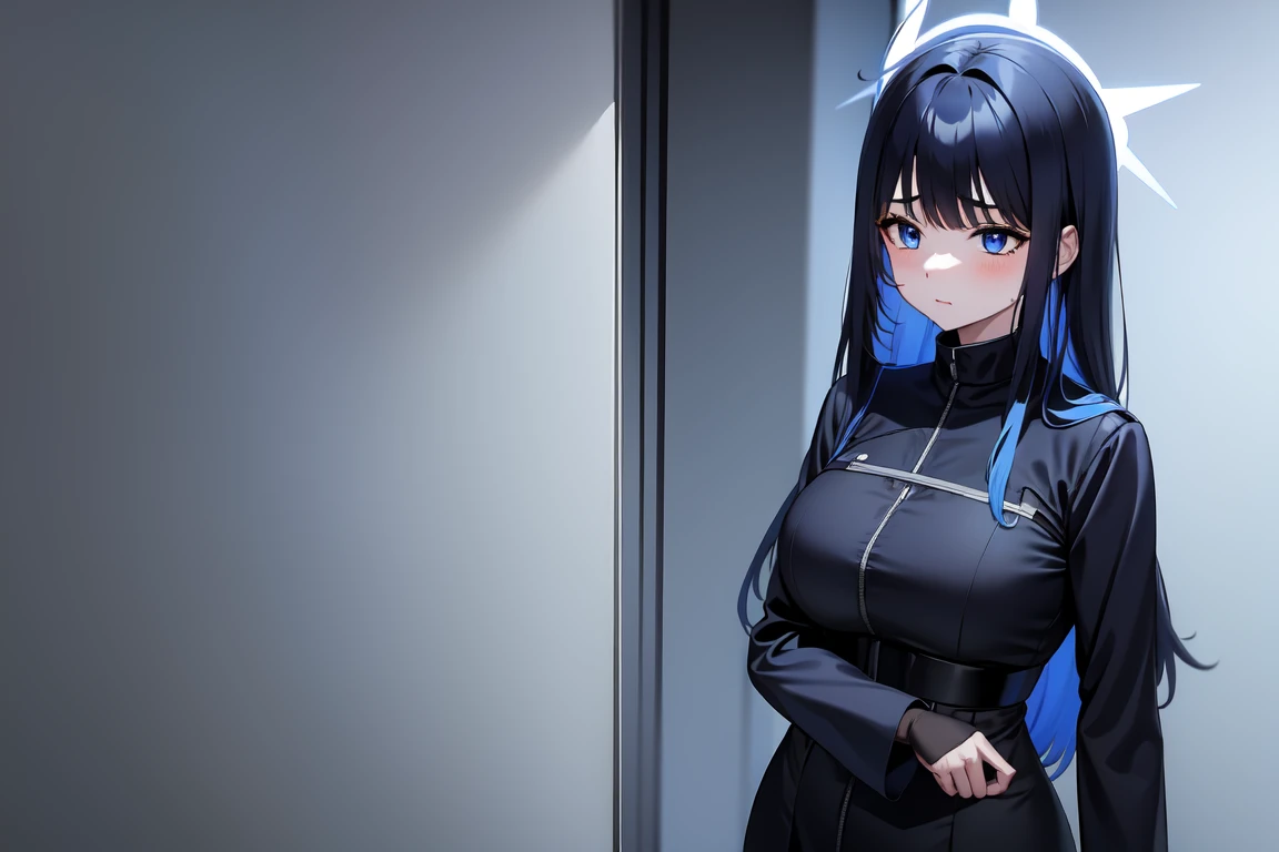 1girl,solo, saorijoumae, saori joumae, blue eyes, blue hair, halo, long hair, black jacket with high neck, black pants
