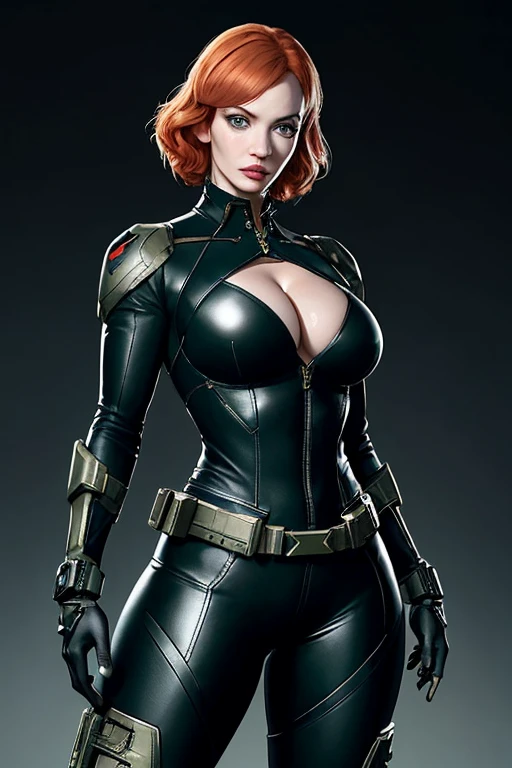 Imagine Christina Hendricks as an Metal Gear Solid character, Christina Hendricks as a video game character, Metal Gear Solid, High-quality facial research of Christina Hendricks, (Christina's sculpted cheekbones and slight wrinkles around the face), 48 years old, High-quality detailed research of Christina Hendricks voluptuous figure. Sexy,dangerous,beautiful detailed eyes,beautiful detailed lips,longeyelashes,bold and intense gaze,skin-tight black leather suit, cleavage, metallic utility belt, metal arm bands, fingerless gloves, glamorous,confident expression,fierce and powerful stance. Full Body shot
